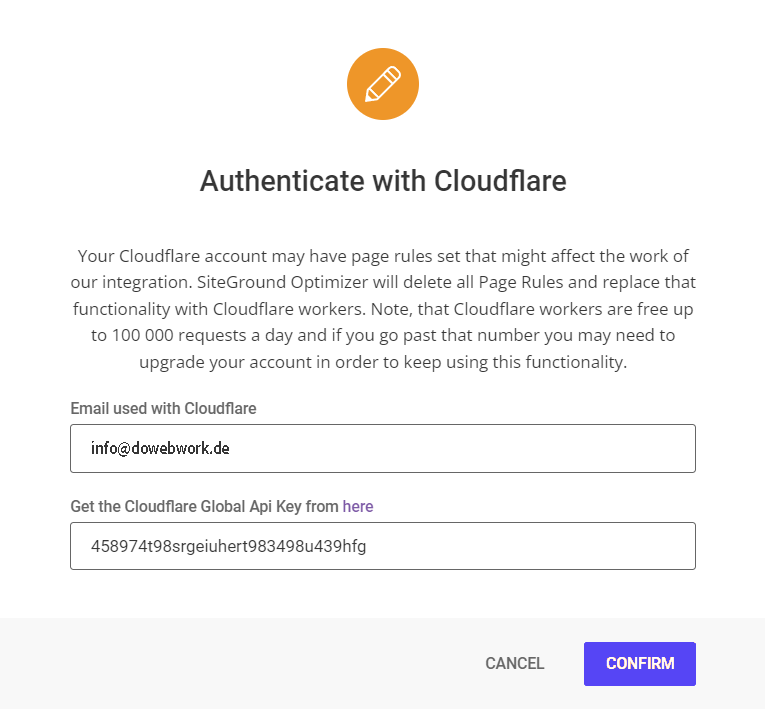 SiteGround Optimizer Authenticate mit Cloudflare